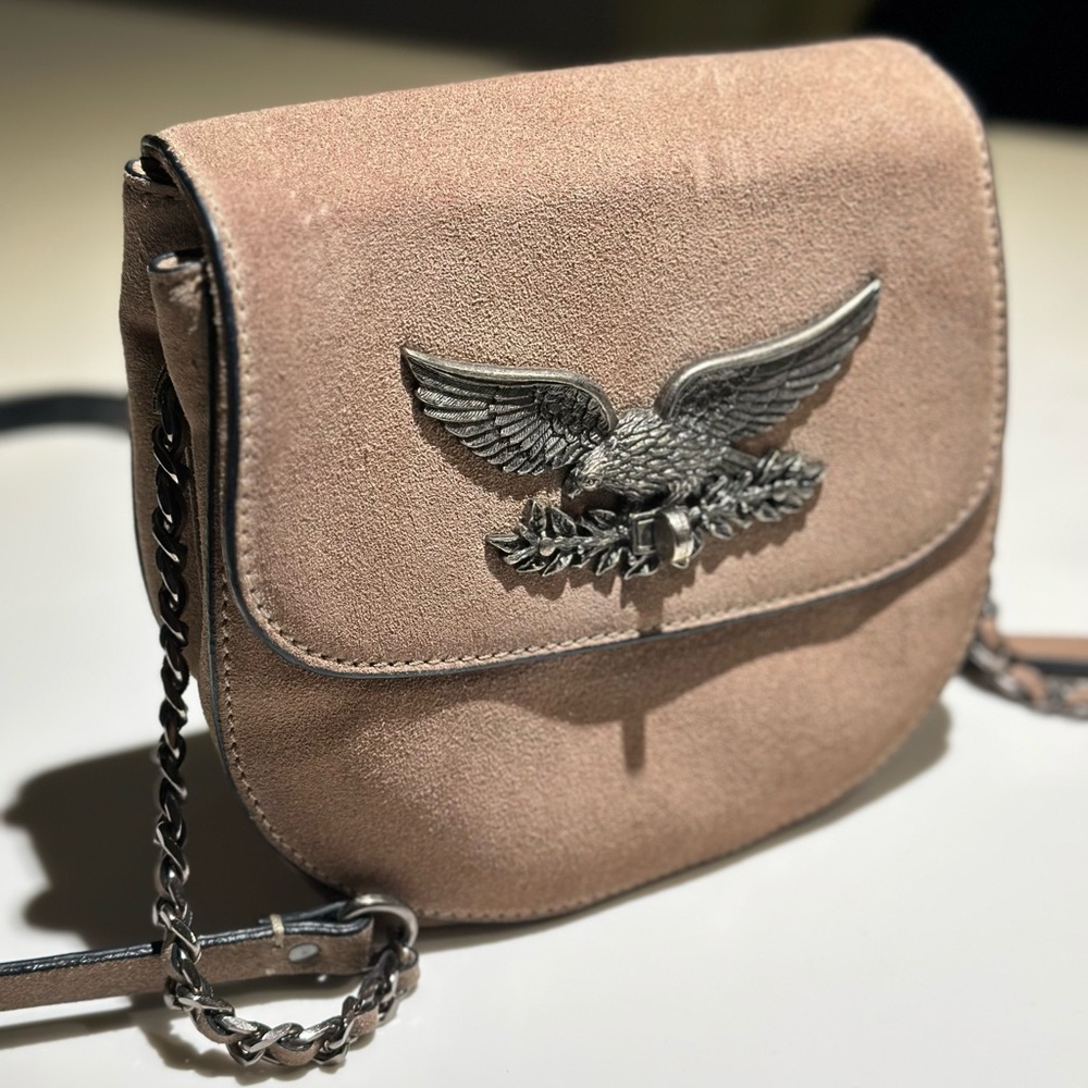 Zara chain crossbody suede bag with bird design.